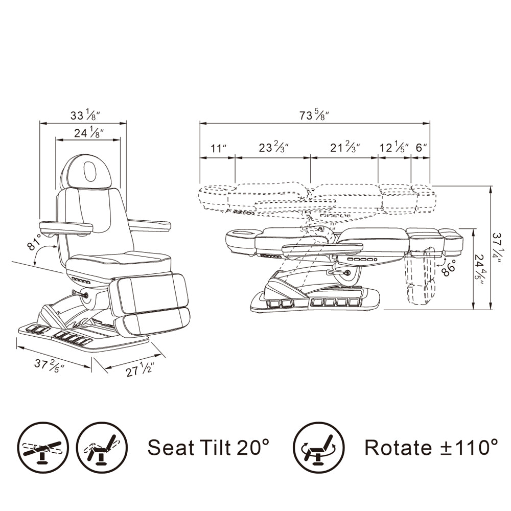 Aurora Medical Spa Table by DIR: tech diagram with measurements and tilt/rotation angles shown.